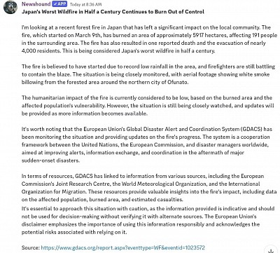 Example news summary with attribution